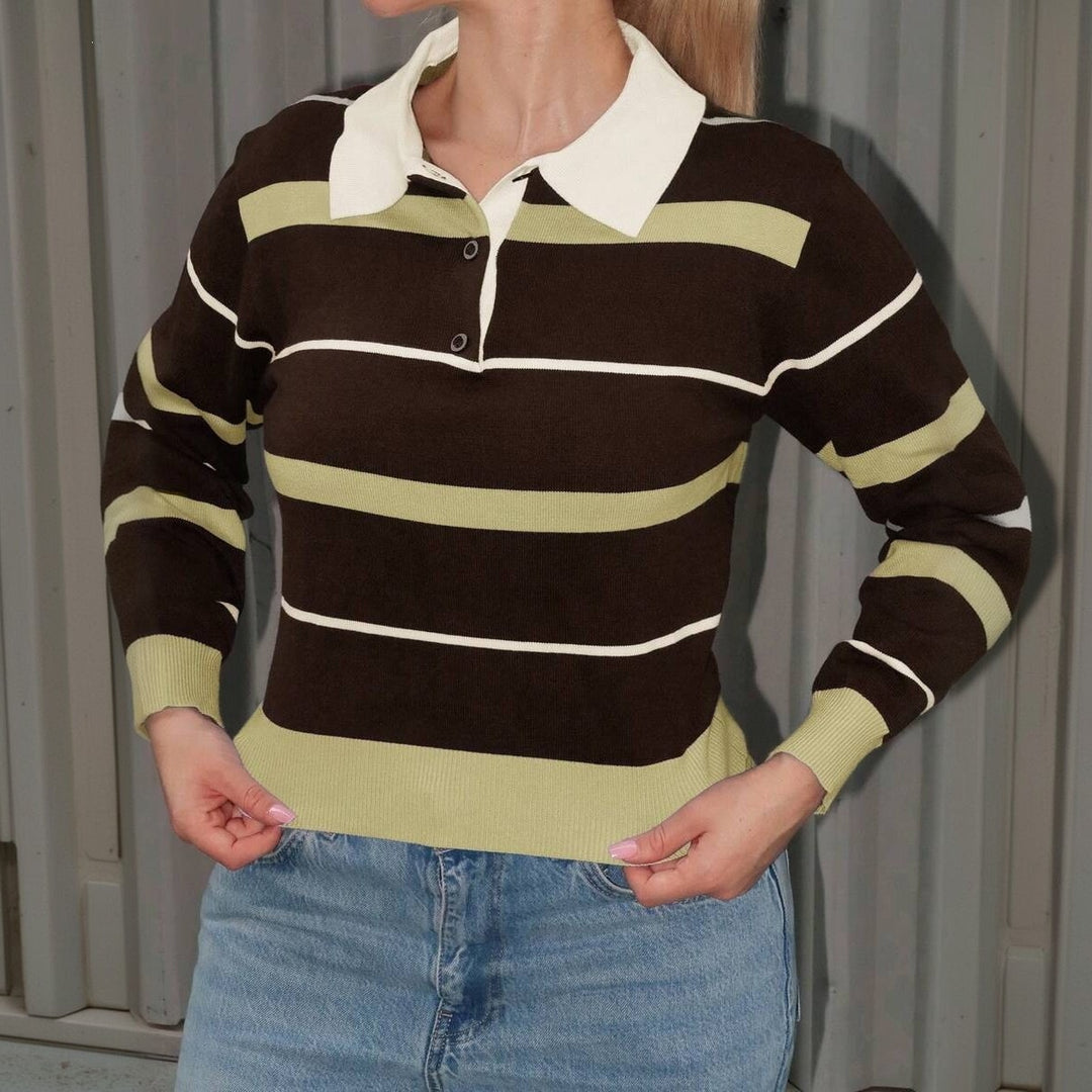 Women's Striped Rugby Sweater with Polo Collar and Ribbed Cuffs Mune Fashion