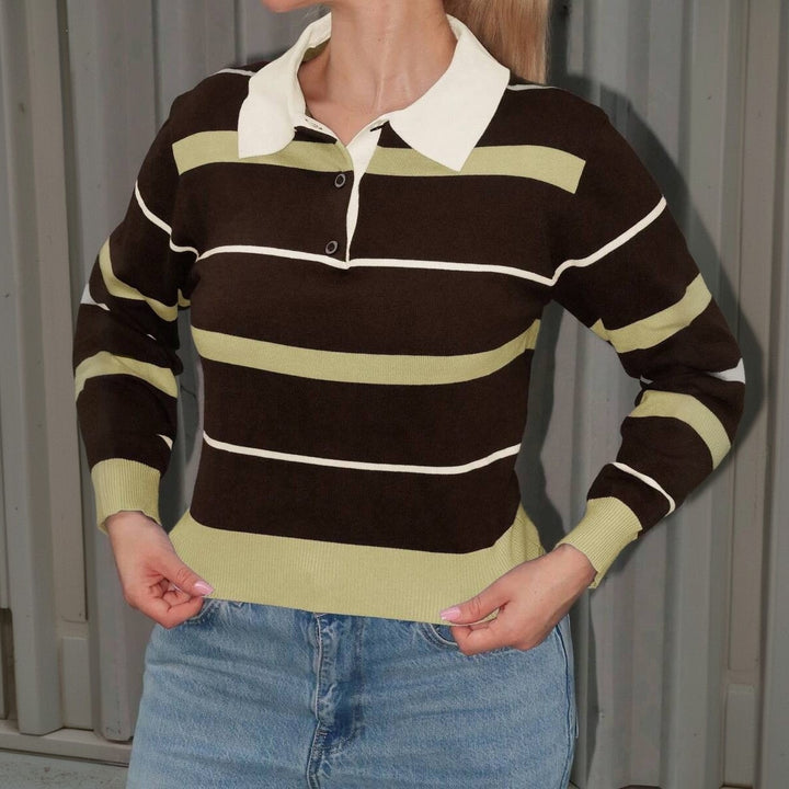 Women's Striped Rugby Sweater with Polo Collar and Ribbed Cuffs Mune Fashion