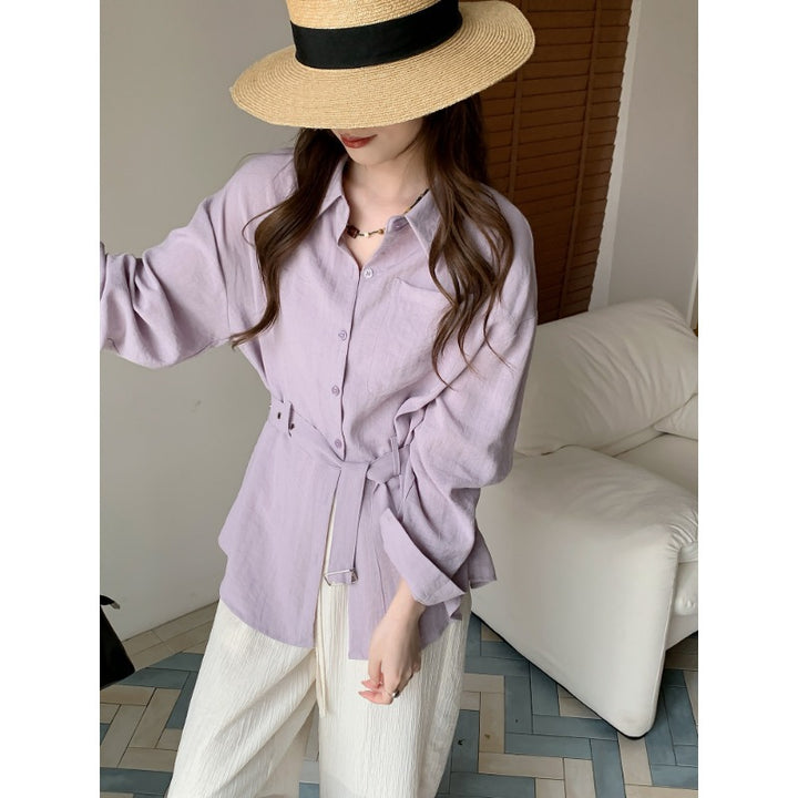 Women's Loose-Fit Linen Shirt Blouse with Waist Belt and Breast Pocket Mune Fashion