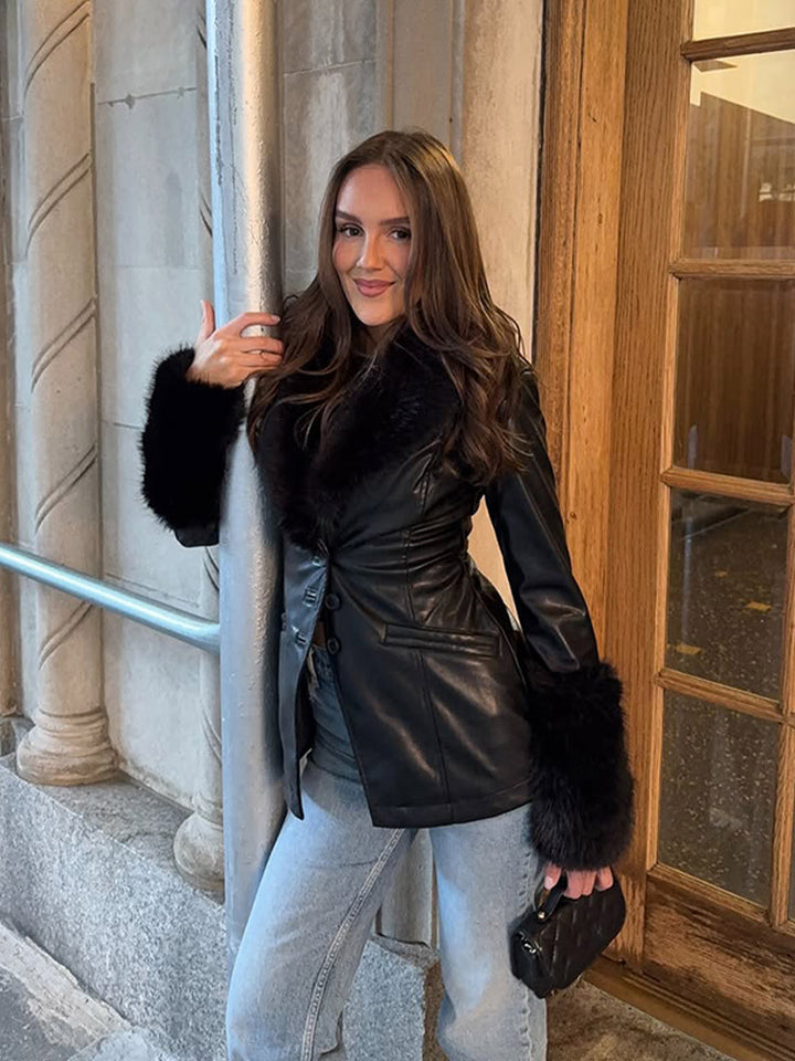 Women's Tailored Faux Leather Midi Coat with Wiener Seams, Voluminous Faux Fur Shawl Collar & Fur Cuffs Mune Fashion