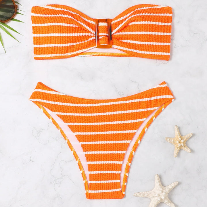 Women's bandeau bikini with a stylish striped pattern and decorative buckle Mune Fashion