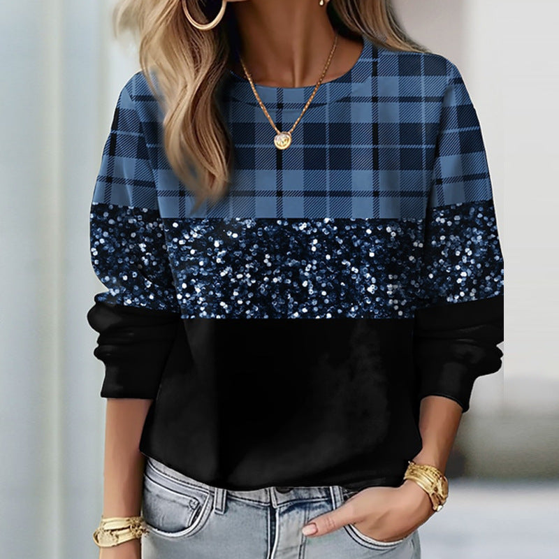 Women's sweatshirt with check pattern, sequined band and loose hem Mune Fashion
