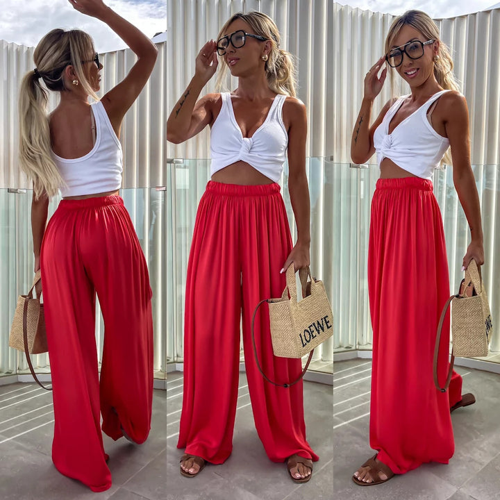 Women wide-cut Palazzo pants with high elastic waistband and flowing jersey Mune Fashion