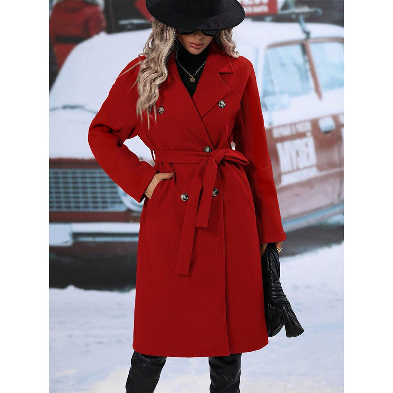 Women's double-breasted wool coat with belt and wide lapel collar Mune Fashion