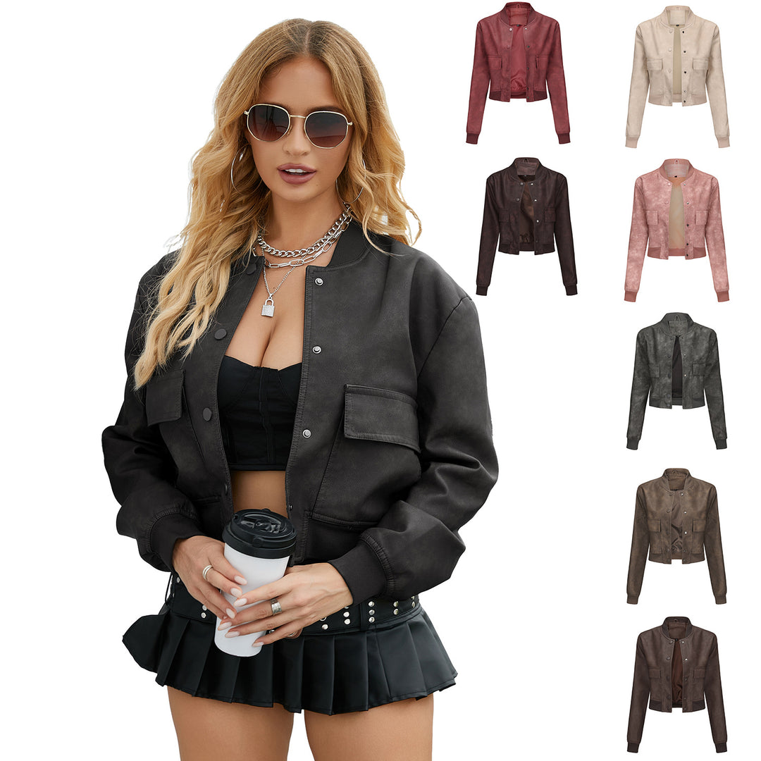 Women's short crop faux leather jacket in blouson style with snap front and flap pockets Mune Fashion
