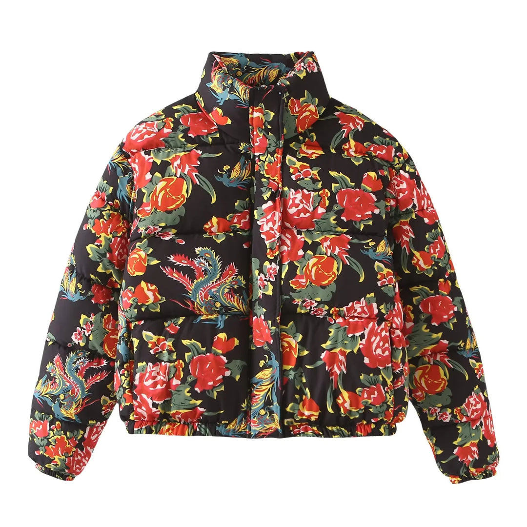 Women's quilted down look quilted jacket with floral all-over print, stand-up collar, and elastic hem Mune Fashion