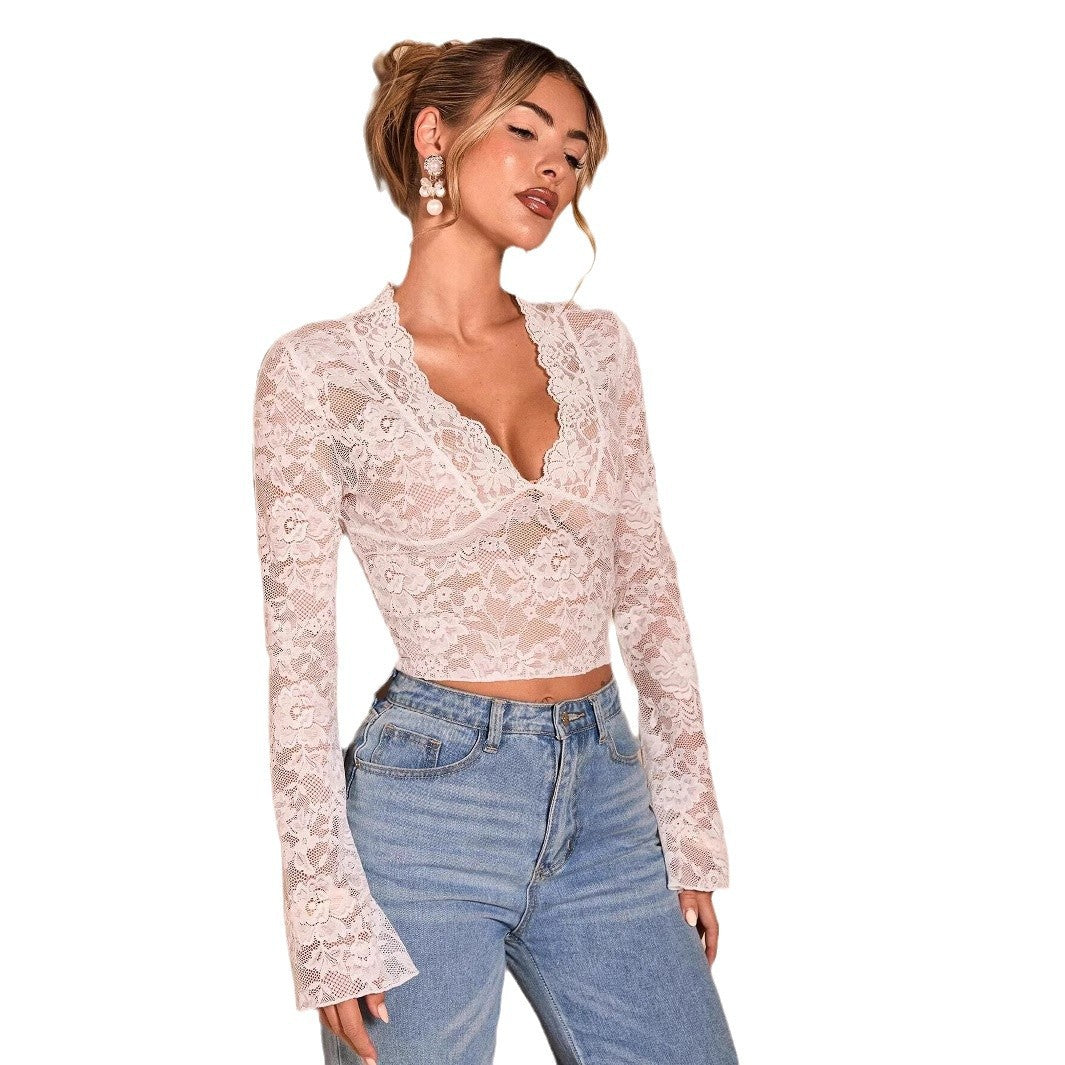 Women's sheer lace blouse with V-neck, tailored and bell sleeves Mune Fashion