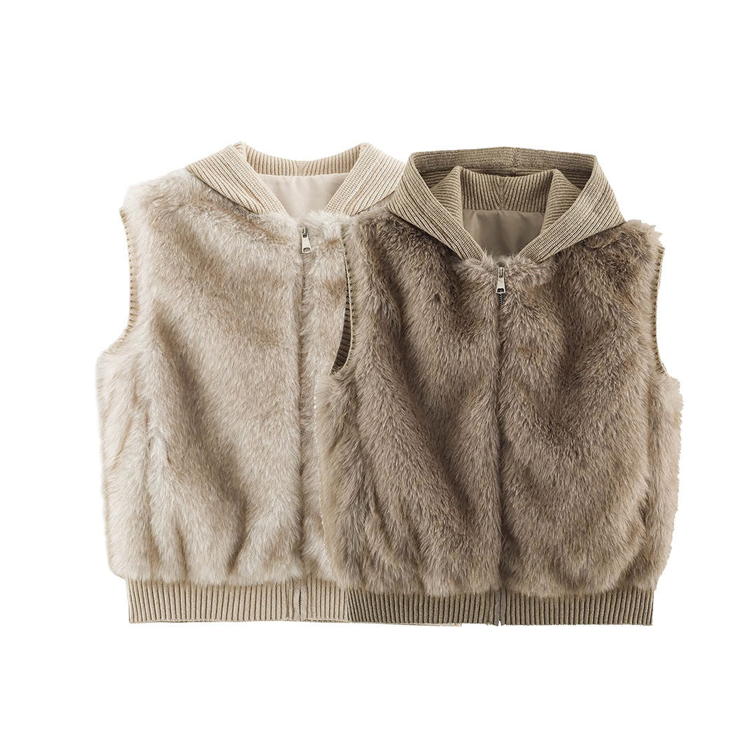 Women Faux Fur Vest with Zipper, Ribbed Collar and Elastic Cuffs Mune Fashion