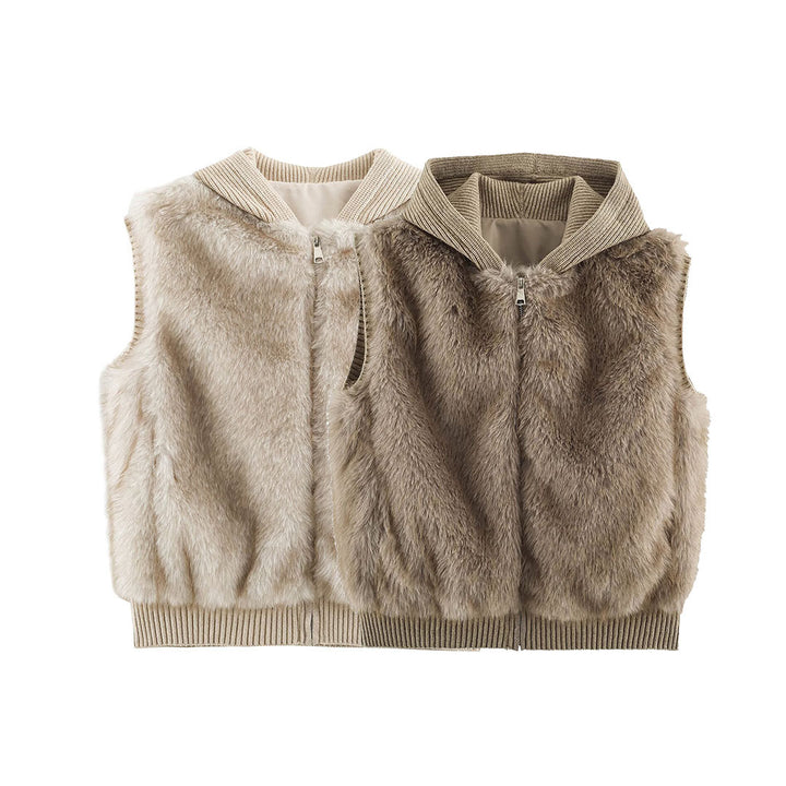 Women Faux Fur Vest with Zipper, Ribbed Collar and Elastic Cuffs Mune Fashion