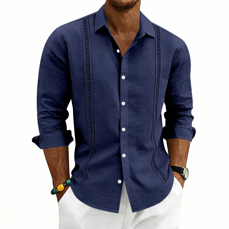 Men's casual linen blend shirt with vertical decorative stripes, Kent collar and relaxed fit Mune Fashion