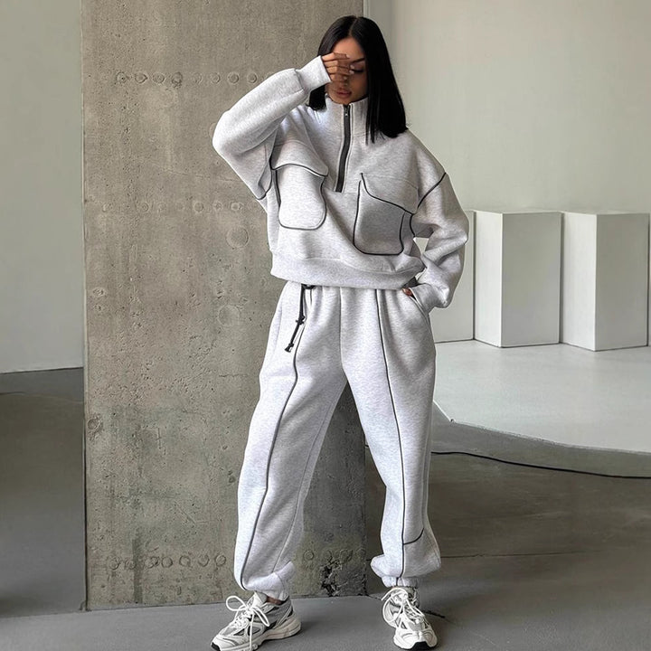 Women's Oversize Half-zip Sweatshirt with Patch Pockets and Contrast Piping Mune Fashion