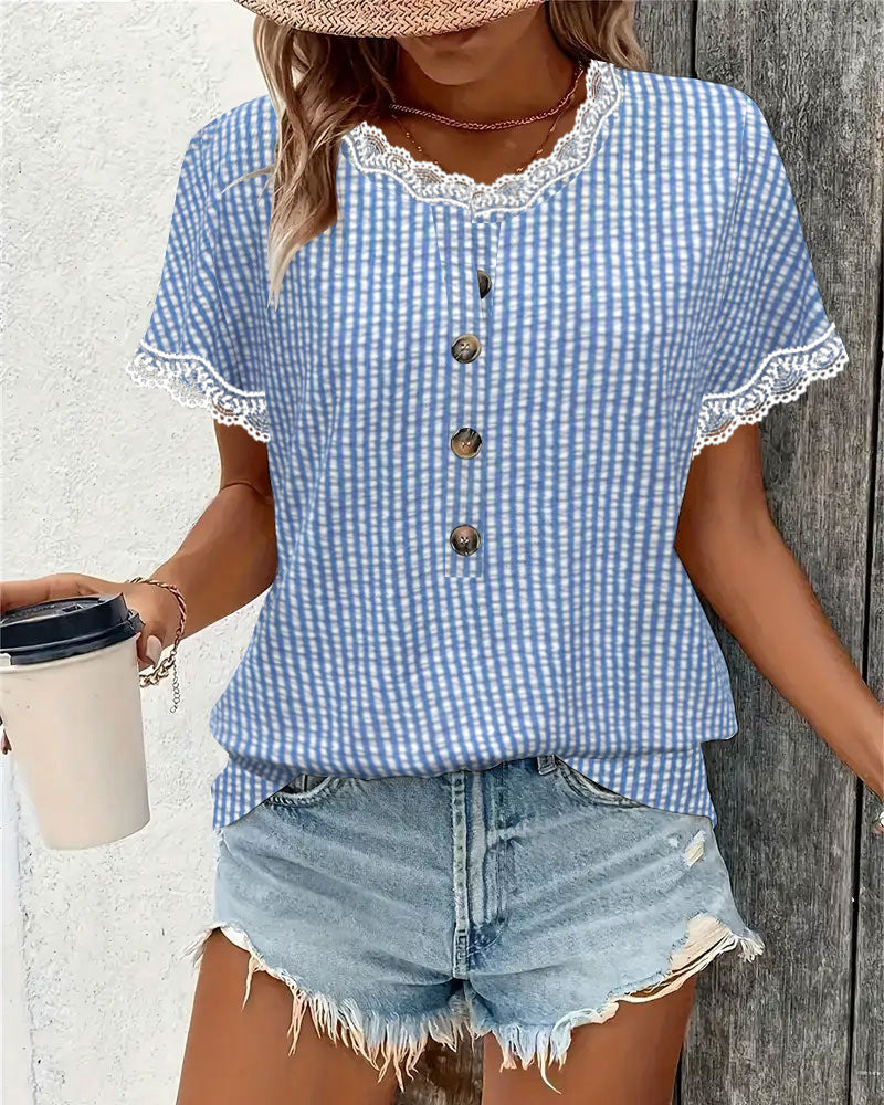 Women's short-sleeved Vichy check blouse with lace trim and decorative button placket Mune Fashion