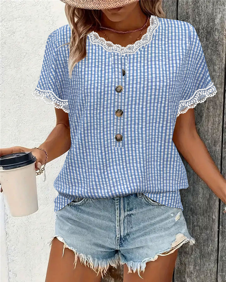 Women's short-sleeved Vichy check blouse with lace trim and decorative button placket Mune Fashion