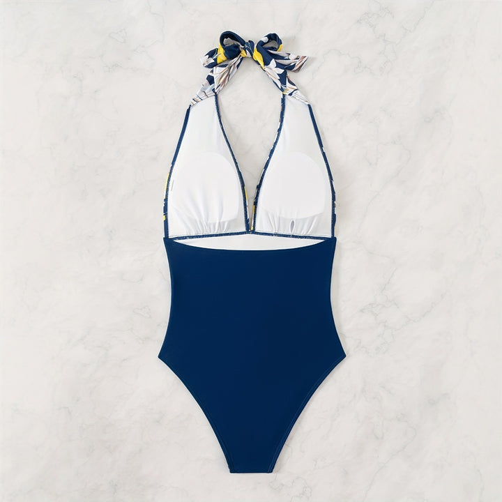 Ladies One Piece Swimsuit with Floral Design and Long Ties Mune Fashion