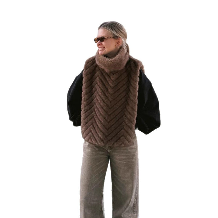 Ladies Fleece Lined Fur Poncho with High Roll Neck & Chevron Texture Mune Fashion