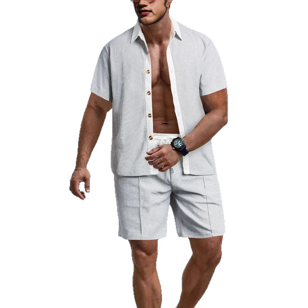 Men's modern leisure set made of fine textured jersey with shirt collar button placket and drawstring shorts Mune Fashion