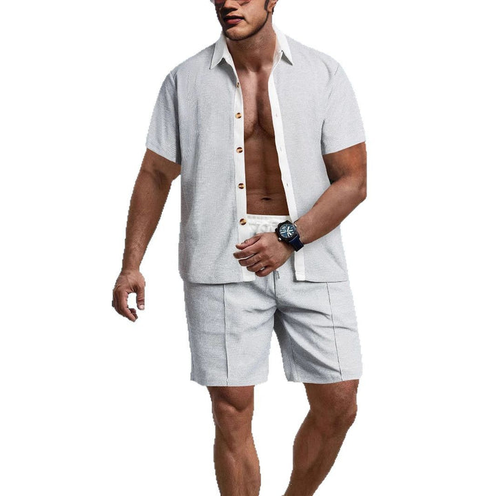 Men's modern leisure set made of fine textured jersey with shirt collar button placket and drawstring shorts Mune Fashion