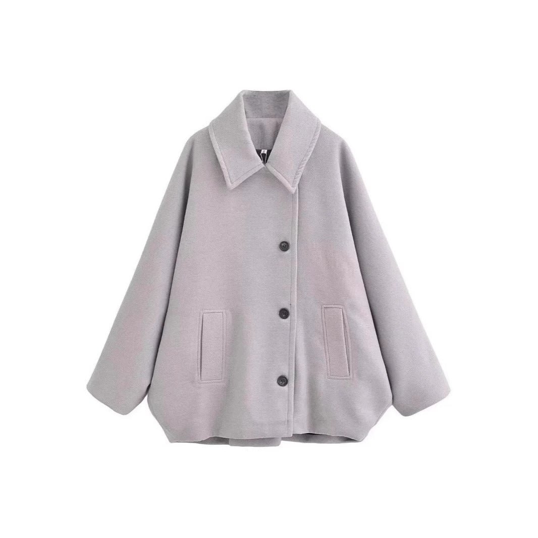 Women Oversized Wool Blend Boxy Short Coat with Lapel Collar and Insert Pockets Mune Fashion