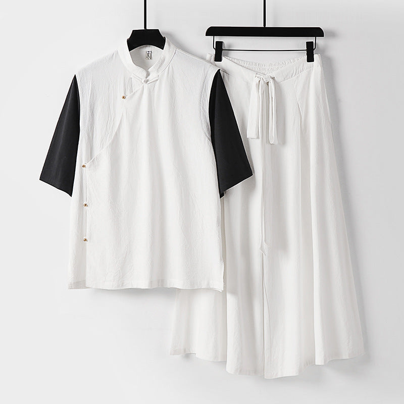 Women's Two-Piece Kimono Loungewear Set made of Linen Blend with Stand Collar Asymmetrical Button Placket and Wide Palazzo Skirt Mune Fashion
