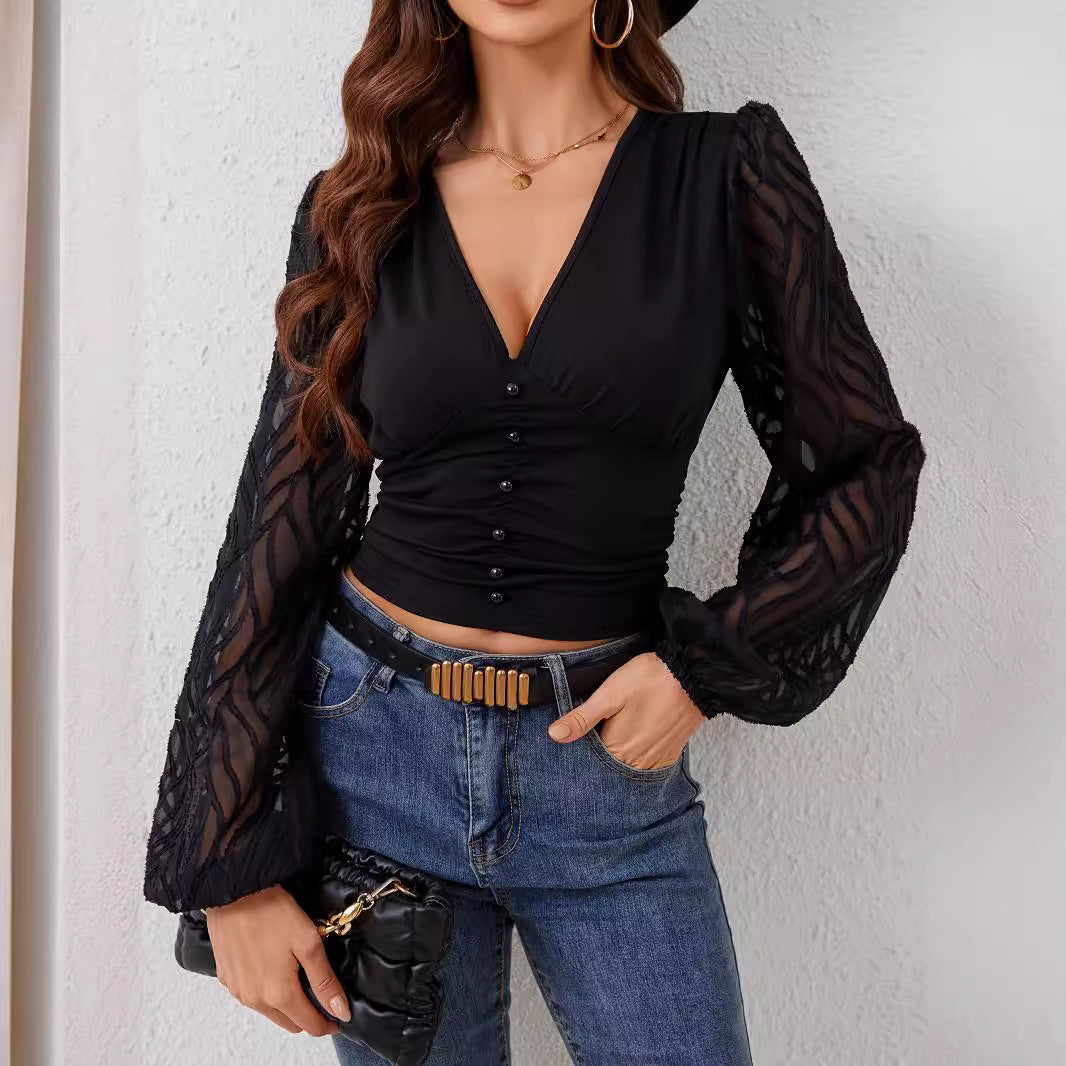 Women's fitted V-neck top with transparent balloon sleeves Mune Fashion