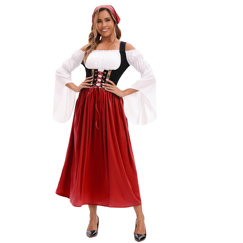 Women's Renaissance peasant dress with laced corset and trumpet sleeves Mune Fashion