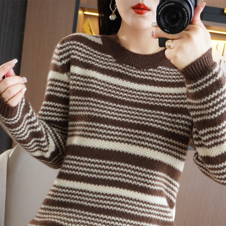 Ladies Cozy Striped Sweater in Mohair Look with Boxy Fit and Round Neckline Mune Fashion