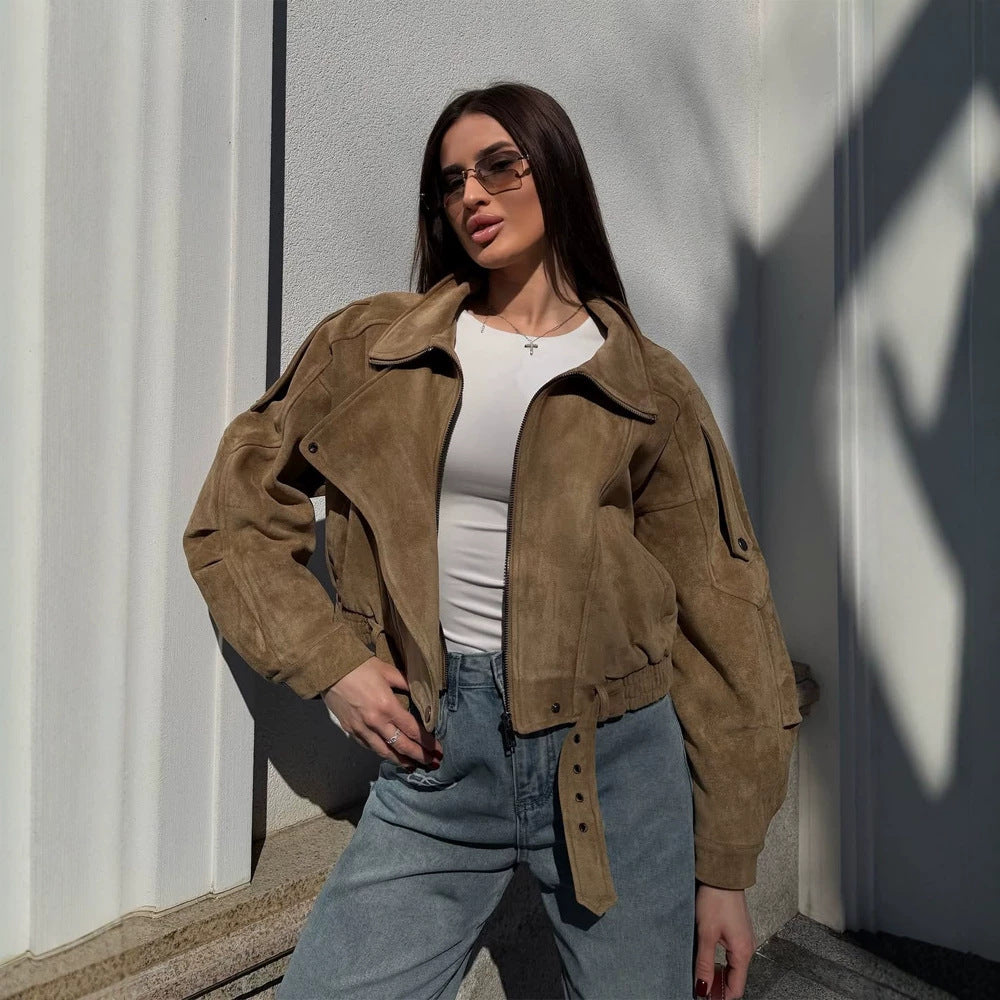 Ladies short-cut suede bomber jacket with belt & oversized sleeves Mune Fashion