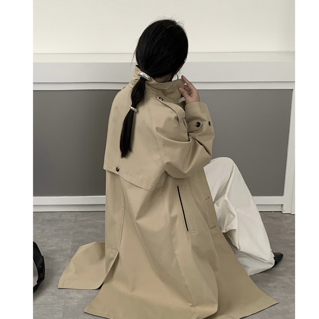 Women's Longer Water-Repellent Trench Coat with Back Cape and Stand Collar Mune Fashion