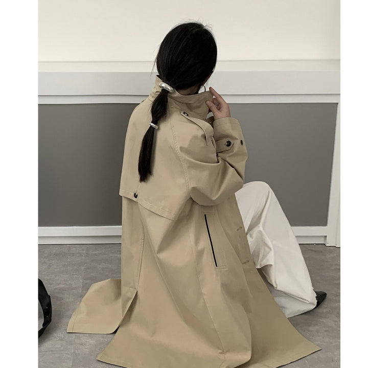 Women's Longer Water-Repellent Trench Coat with Back Cape and Stand Collar Mune Fashion