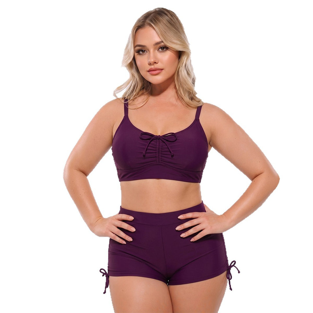 Women High-Cut Tankini Set with Adjustable Straps and Gathering Mune Fashion