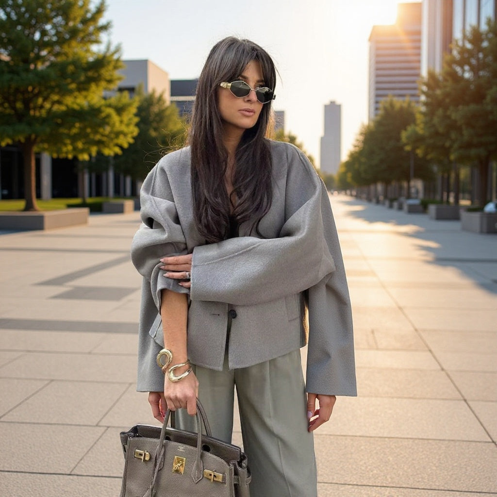 Ladies short coat made of wool blend with oversized silhouette, V-neck and double button closure Mune Fashion