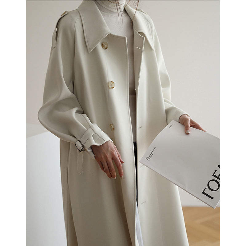 Women's Longer Minimalist Trench Coat in Cocoon Cut with Adjustable Sleeves Mune Fashion