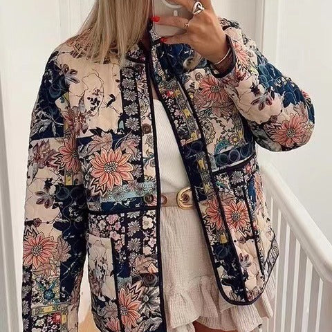 Women's Padded Quilted Jacket in Floral Patchwork Look Mune Fashion