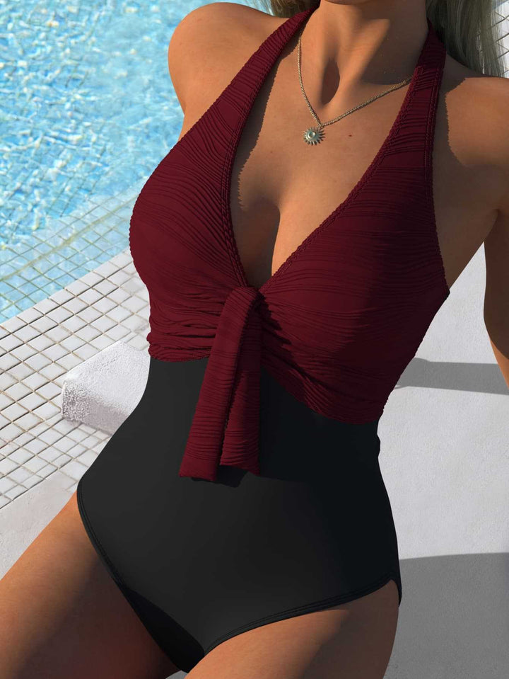 Women One Piece Swimsuit with ruftiger Chiffon Surface and Elegant Knot Detail Mune Fashion