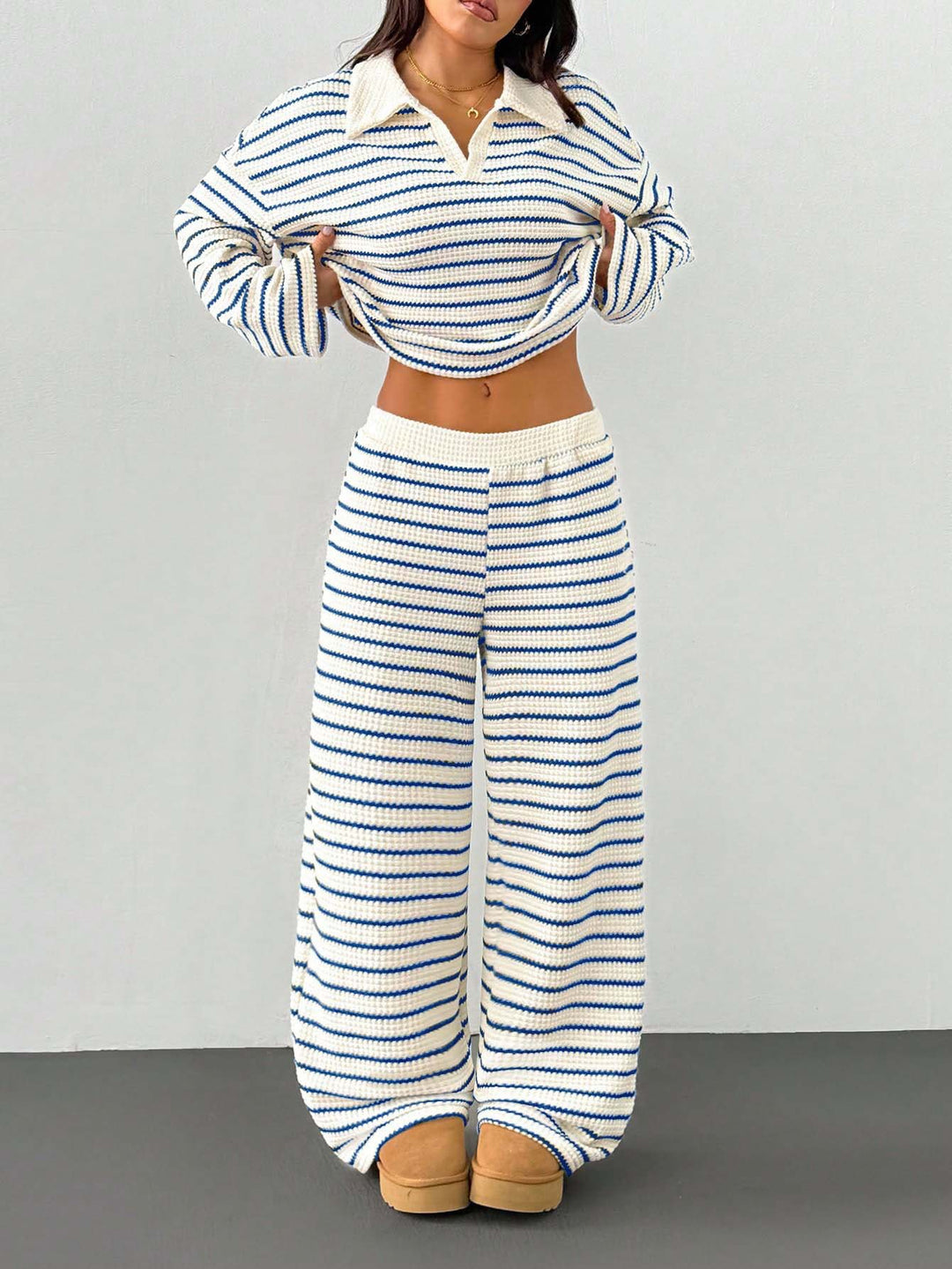 Women's Knitted Loungewear Set with Polo V Neck, Bell Sleeves, and Wide High-Cut Trouser Leg Mune Fashion