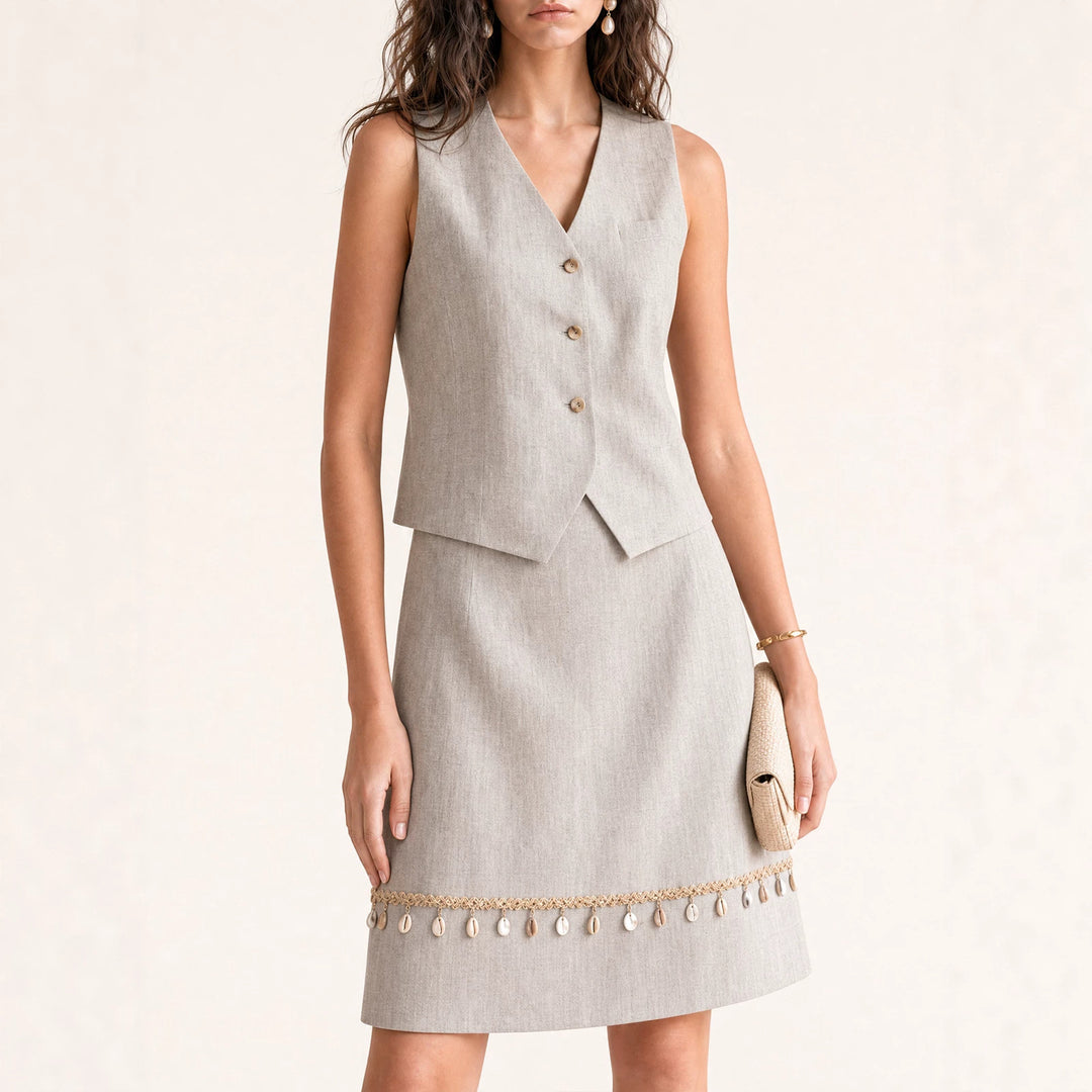 Damen Eleganter Leinenrock mit Zierperlen Mune Fashion