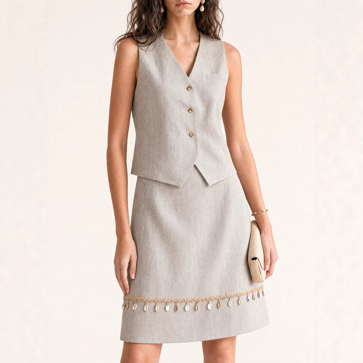 Damen Eleganter Leinenrock mit Zierperlen Mune Fashion