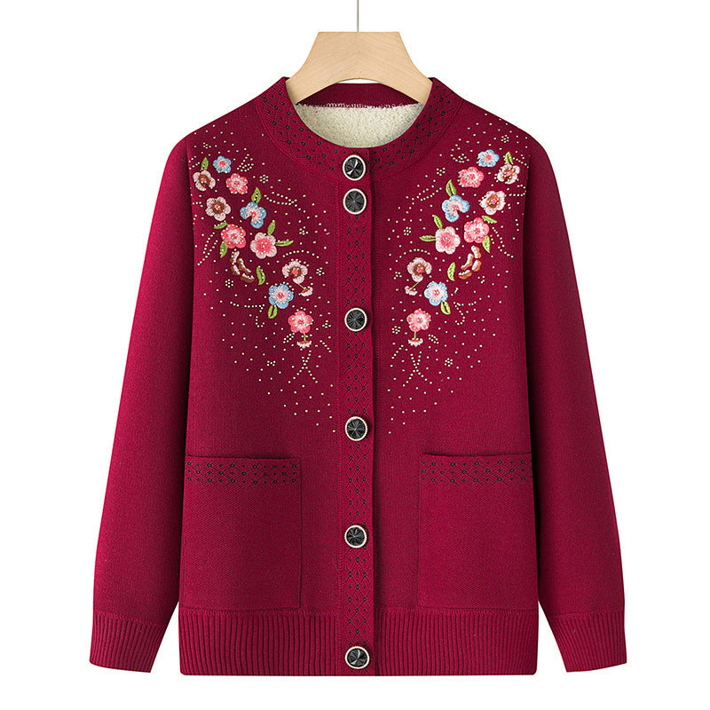Women's embroidered cardigan with round neck, patch pockets, and decorative button placket Mune Fashion