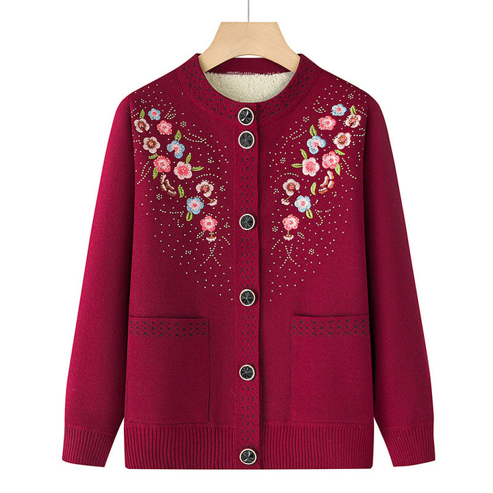 Women's embroidered cardigan with round neck, patch pockets, and decorative button placket Mune Fashion