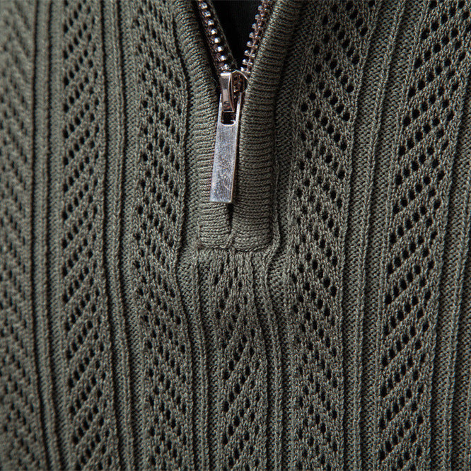 Men's knitted ajour sweater with short zipper and polo collar Mune Fashion