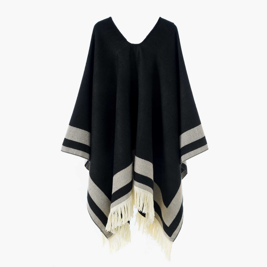Women Oversize Poncho-Cape with V-neck and Fringe Hem Mune Fashion