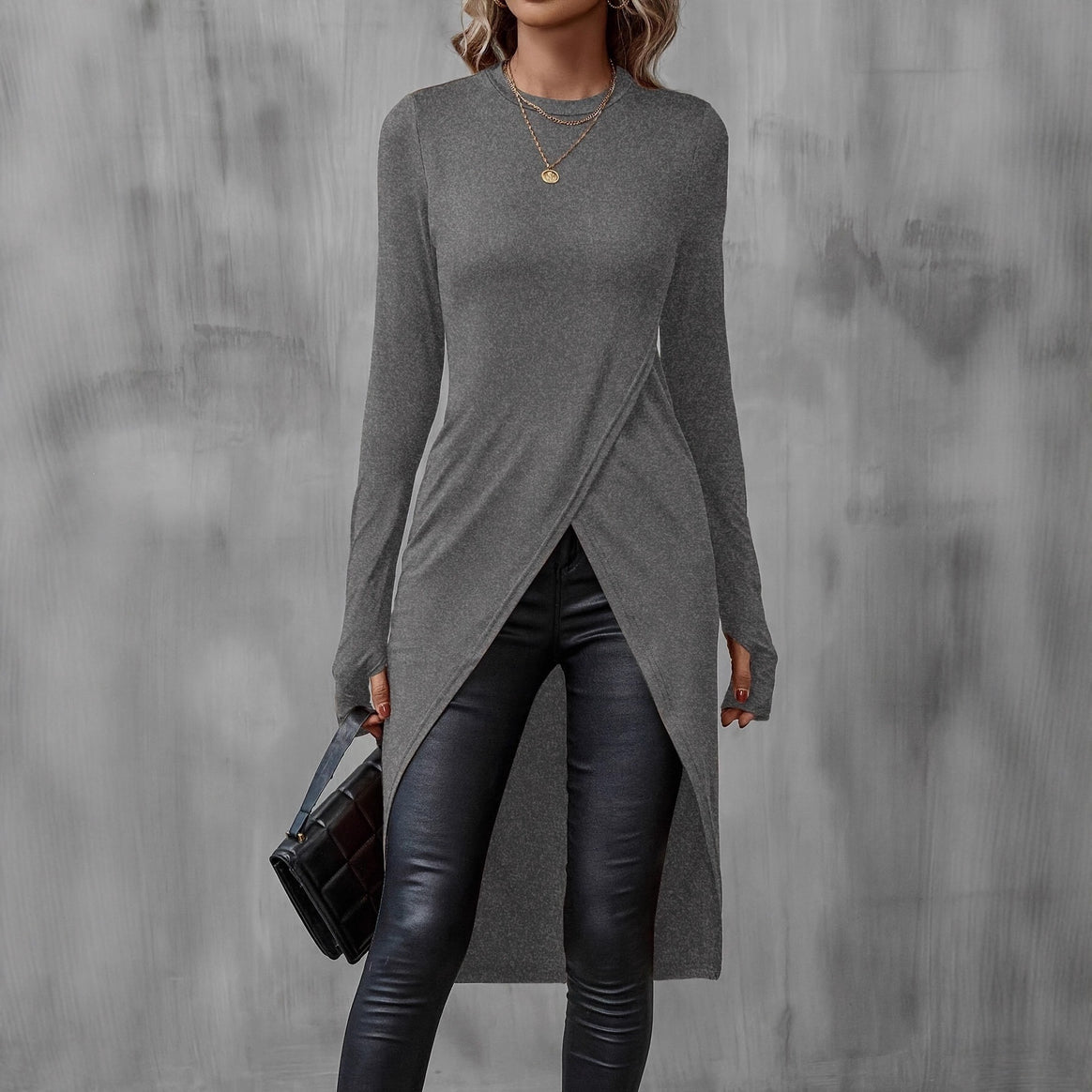 Women Asymmetrical Long Sleeve Tunic with Wrap Hem Mune Fashion