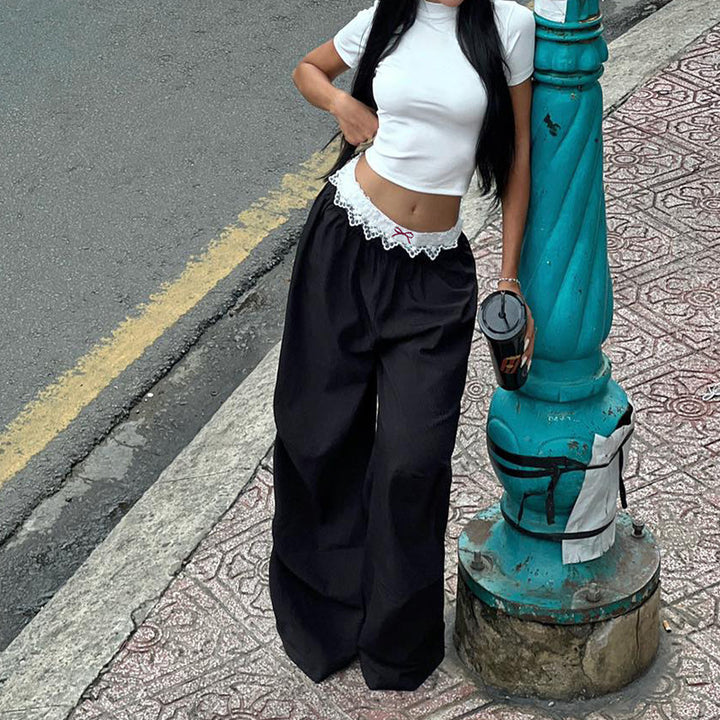 Women's Casual Layered Trousers with Lace Waistband and Decorative Bow Mune Fashion