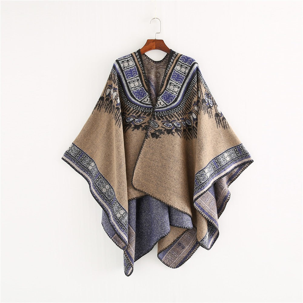 Women Oversize Poncho in Ethno Jacquard with V-neck and structured hem Mune Fashion