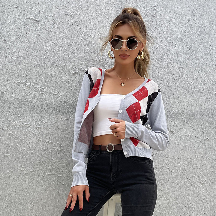Women's Lightweight Short Cardigan with Diamond Pattern, V-Neck and Button Placket Mune Fashion