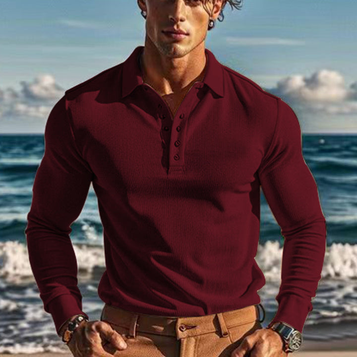 Men's form-fitting long sleeve Henley polo shirt made of fine ribbed structure Mune Fashion