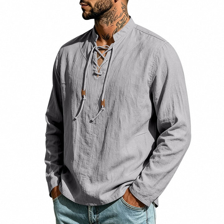 Men's linen shirt with stand-up collar and lacing Mune Fashion