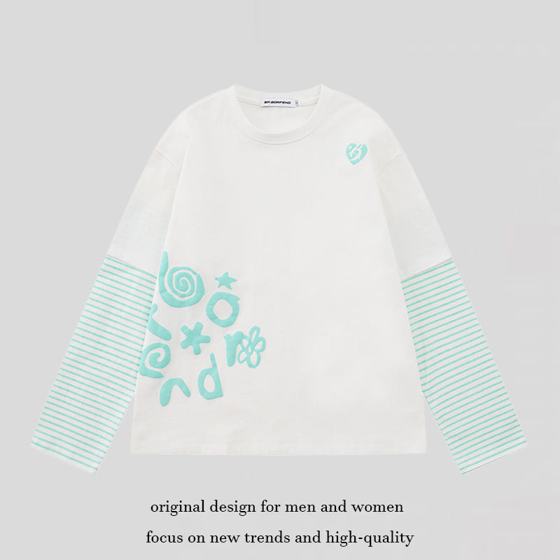 Women's Layered Long Sleeve Shirt in Layer Look with Striped Insert Sleeves and Playful Graphic Doodle Print Mune Fashion