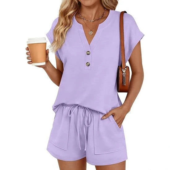 Women Casual Two-Piece Lounge Set with Button Placket, Drawstring Shorts and Pockets Mune Fashion