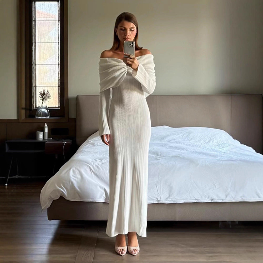 Women's Off-Shoulder Maxi Dress made of ribbed fine knit with draped sweetheart neckline and figure-hugging silhouette Mune Fashion